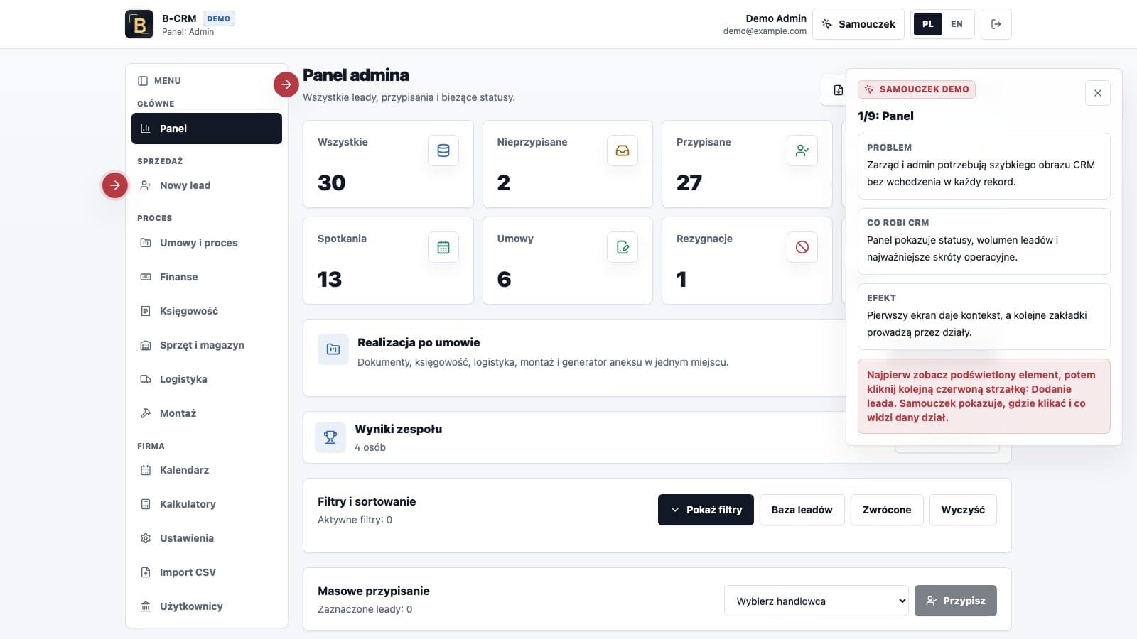 B-CRM admin dashboard and demo workflow preview