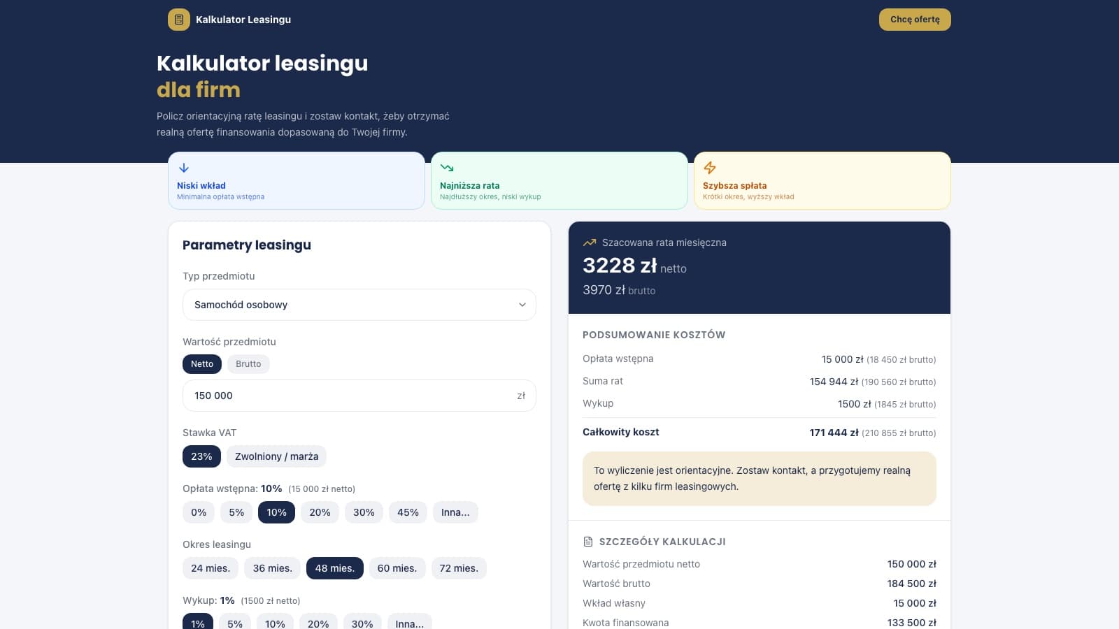 Preview kalkulatora leasingu